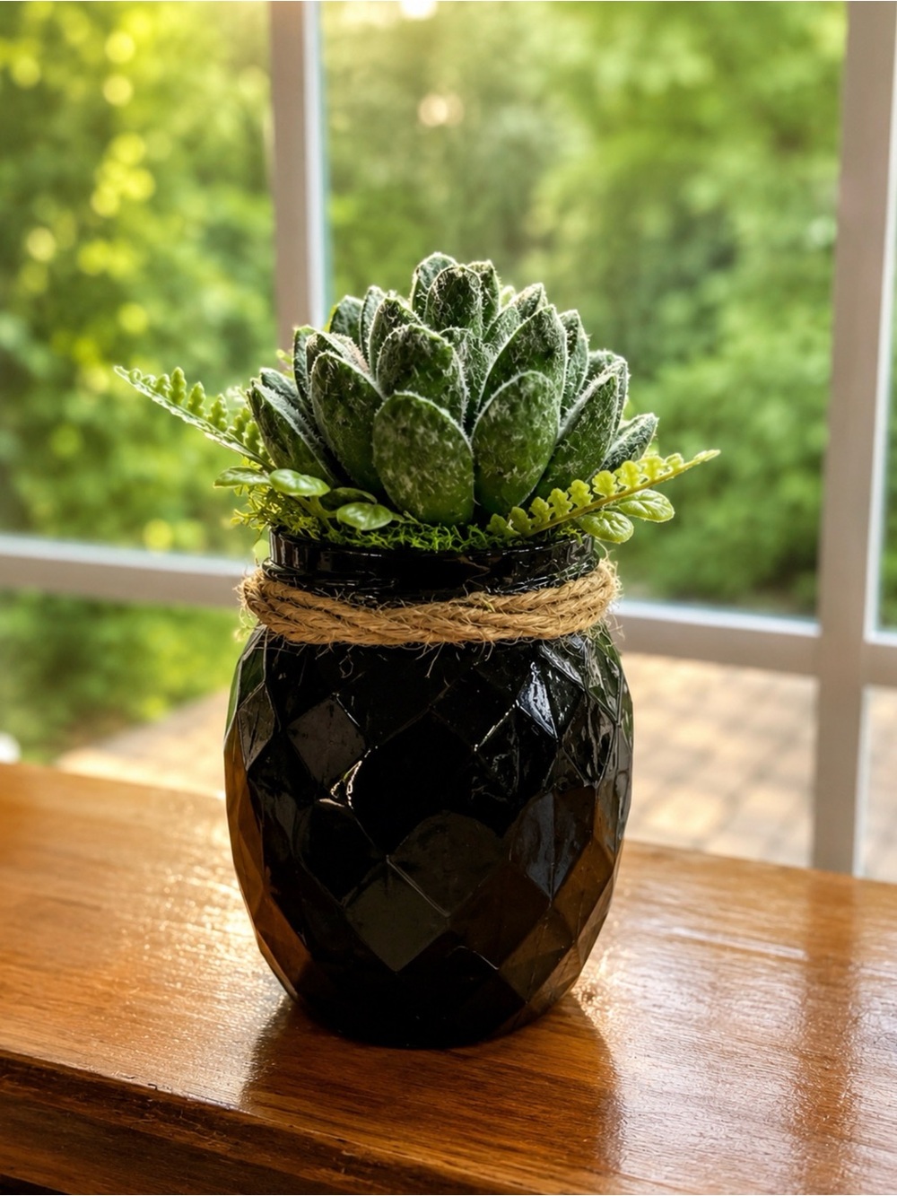 Modern Black Glass Succulent Planter with Natural Twine Accent